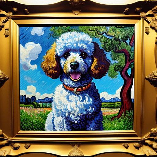 A poodle in the art style of realistic pop art. the background should be two toned in neo impressionism style