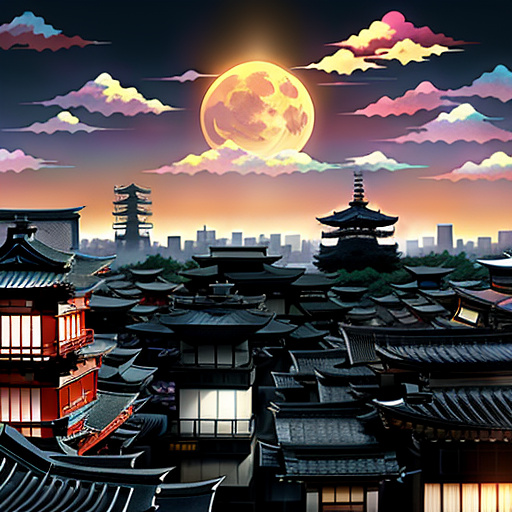 A man and a woman on the roof of a building. behind them are the yellow moon and buildings. it is night. they are in gotham. close-up image. the buildings are modern
 in anime style