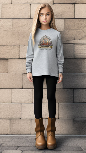 Realistic, detailed 12-year-old, blonde haired girl, full body length, wearing her short boots, no socks, no leggings, wearing her long sleeve t-shirt, wearing mini leather pencil skirt, front view, in custom style