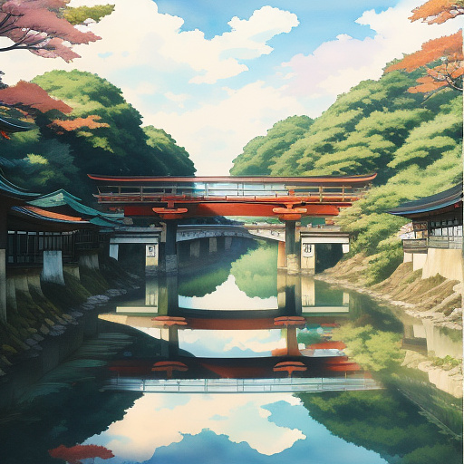 Image of bridge from the perspective of about to cross over it but destination is unclear in watercolour style in anime style