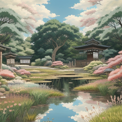 A soft brush painting of a field with different grasses and textured earth, some subtle flowers, a pond, vintage aesthetic with a artsy vibe.  in anime style
