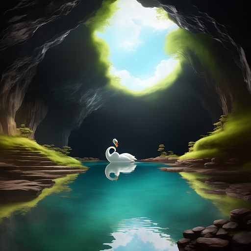 A giant white swan nests inside a cave. laying next to the swans nest is a wounded knight being healed by a woman. in anime style