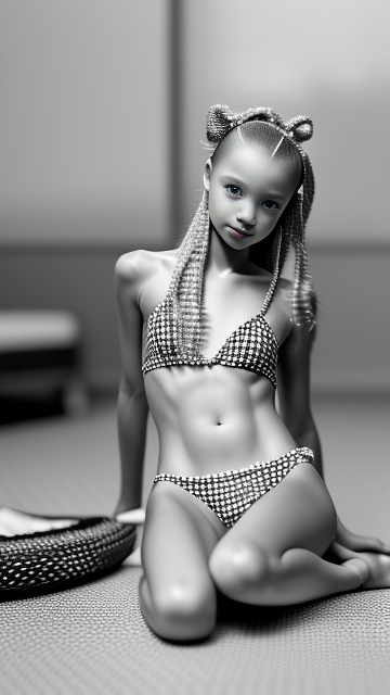 Tween girl, bikini, fish nets, legs spread in bw photo style