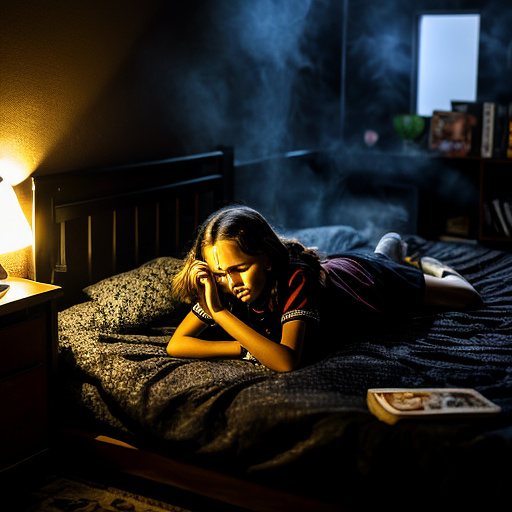 The room is dark, smoky and a mess, the bed is broken. there is an ashtray with an outstanding cigarette on the table. a 13-year-old girl is lying on a bed and crying. in custom style