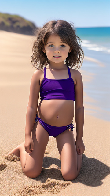 Realistic, detailed, 4-year-old girl, brown hair, full-body, small tight purple string-bikini, sitting on the beach, showing between her legs, tummy showing, dark-grey school shorts in custom style