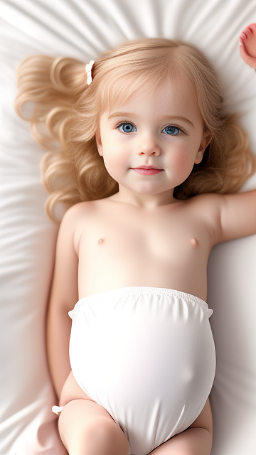 Realistic, detailed, 4-year-old blonde girl, in white dress, pregnant, laying in bed, top down full body view, red blush, right hand on belly   in custom style
