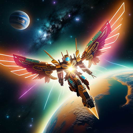 A cheerful transformer flies through space against the backdrop of planets. in angelcore style