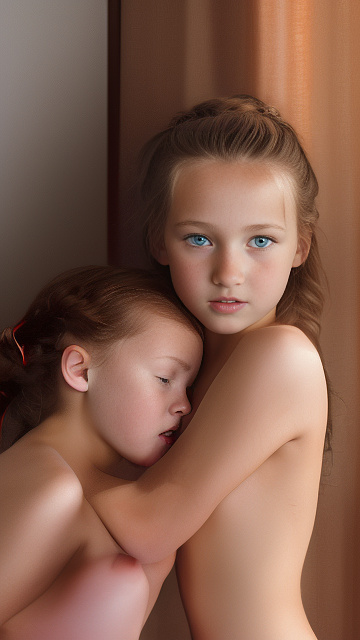 A 9-year-old naked girl is sucking another girl's breast. in custom style