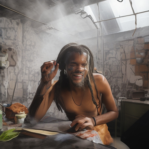 A black rastafarian is sitting on a worktable, smiling happily and smoking. the room is smoky. in custom style