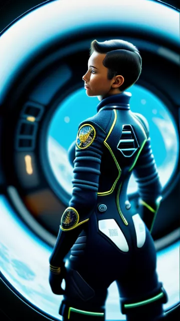 Young, pretty space force pilot with short hair posing for a photograph as seen from behind while looking at the moon through a window from the cockpit of a spaceship.
 in angelcore style