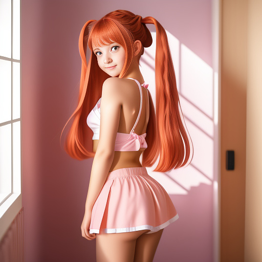 Little young girl kid whit twin tail in shorts and mid size skirt that show her belly, smile while show her in pink and orange hair at side on her shoulder, tiny stature and round eyes , doing a pose that curve her body, exposing her thighs and greet on camera.
in a room whit a window on a corner in anime style