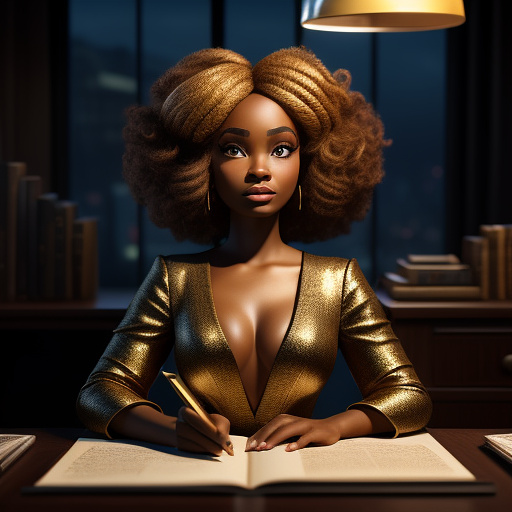  african american chibi woman narrator, elegant adult-like features,warm but serious expression, glamorous gown with golden highlights, seated at a glowing desk with an ancient bible open, cinematic lighting.
 in disney 3d style