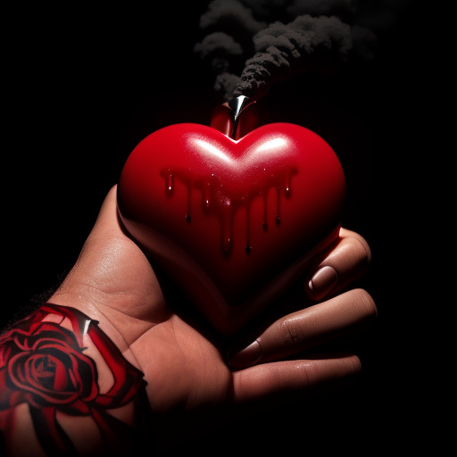 A realistic human heart dripping blood, being squeezed by a caucasian male hand. the background is black with smoke drifting in the air
 in gothic style