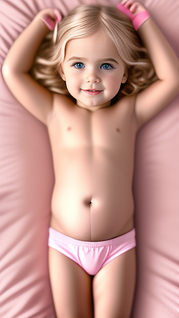 Realistic, detailed, 4-year-old blonde girl, in pink underwear, pregnant, laying in bed, top down full body view, makeup res blush, hands on belly   in custom style