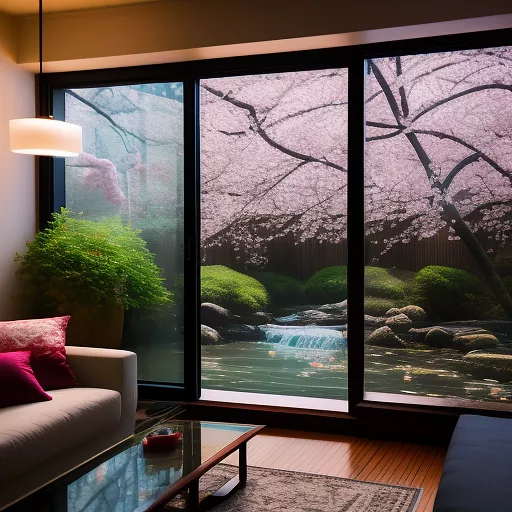 Cherry blossom branch in a vase of water on windowsill and (a turtle walks on the table) in design living room style