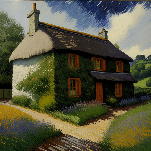 Old thatch irish cottage on a hill with summer flowers and stone fence in neo impressionism style