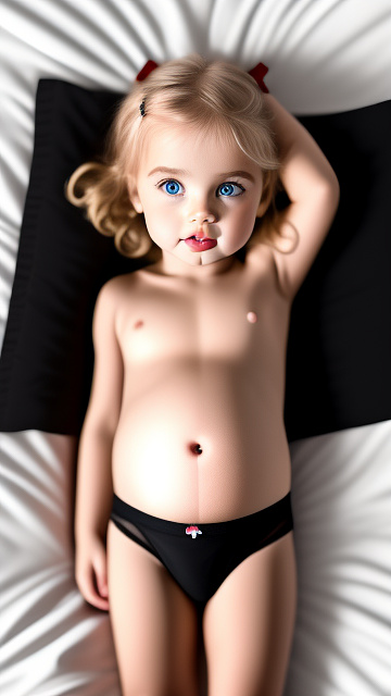 Realistic, detailed, 4-year-old blonde girl, in black thin underwear, pregnant, laying in bed, top down full body view, red blush, right hand on belly, black eyes, black lip  in custom style