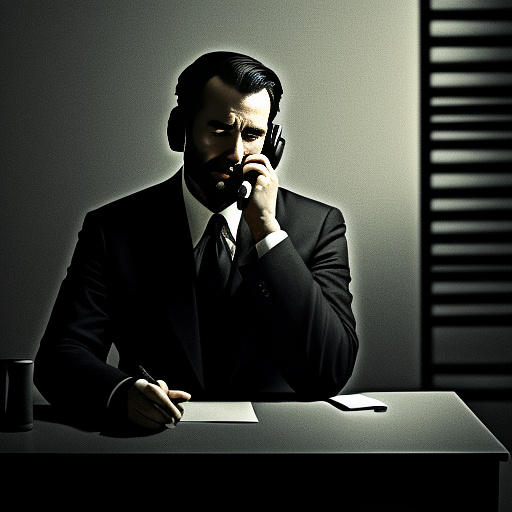 In a dark room, there is a telephone and a gun on the table. a man is sitting on a chair, and he is dead. in custom style