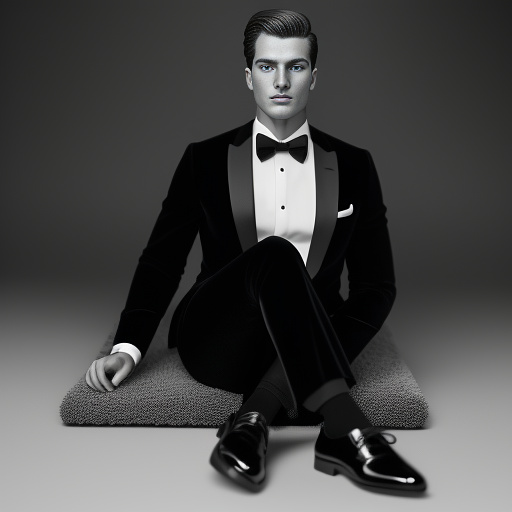 Full body award winning photo of quarryjacob wearing a black tuxedo with white socks and black oxford shoes, intricate skin details, 4k in bw photo style