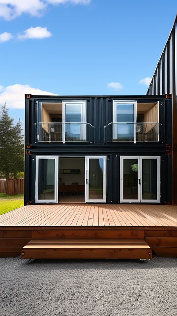 Shipping container house with containers tilted at 12 degrees and placed on ballast blocks in custom style