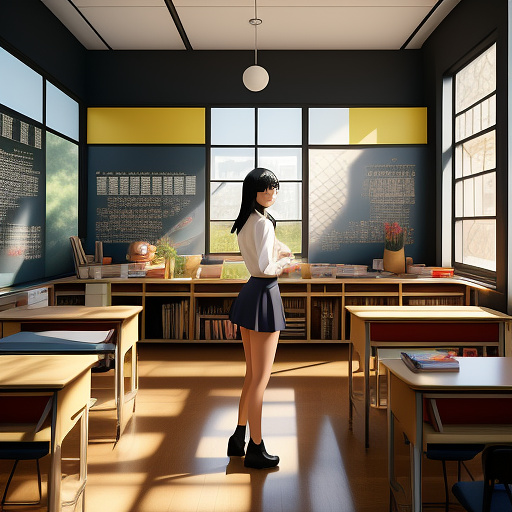 Best quality, masterpiece, ultra-detailed, digital painting, vibrant colors, lively atmosphere, 1 girl, chinese ethnicity, 36 years old, 1.67 meters tall, black hair, black eyes, slender physique, ample chest, round buttocks, school setting, classroom, teacher, elegant, professional attire, glasses, chalkboard, desks and chairs, sunlight streaming through the windows, students engaged in learning, bustling and dynamic scene, a sense of knowledge and growth, warm and inviting ambianceno clothes. in anime style