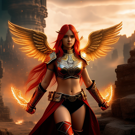 Female angel with shield and flaming fist in angelcore style