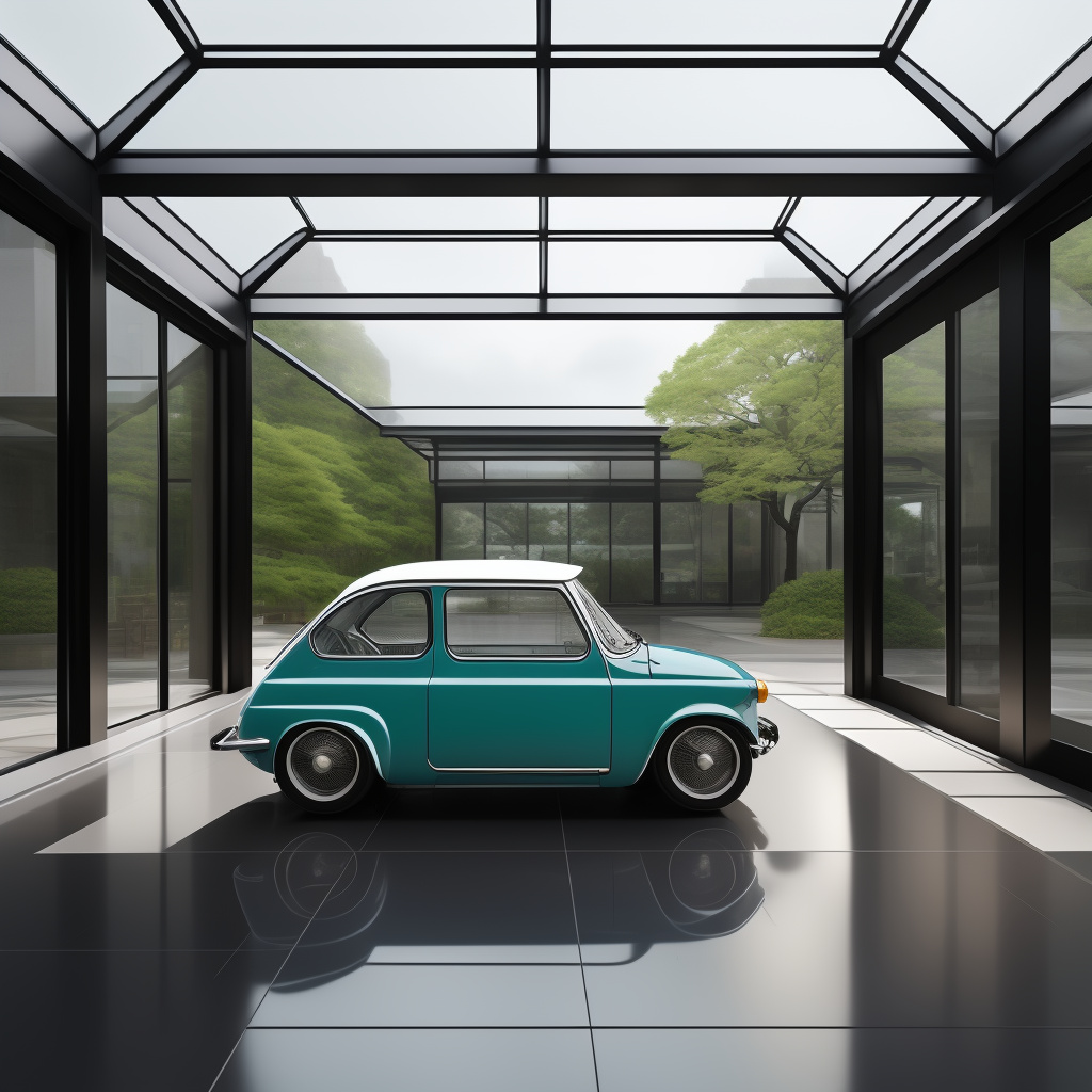 T-shaped glass-and-metal vehicle display pavilion, a contemporary reinterpretation of a historic orangery.
strong central axis with two subtly non-rectangular wings forming clear spatial hierarchy. fully transparent envelope with low-iron glass, slender black steel structure, vaulted glass roof. ford model t as the central hero vehicle, fiat 600 (1955–1969) in one wing, 1965 puch brommer moped in the opposite wing. spaces designed as calm, gallery-like experience zones, not parking. daylight-driven illumination, soft natural light, refined museum atmosphere, restrained garden context. high-realism contemporary architectural visualization, elegant proportions. in anime style