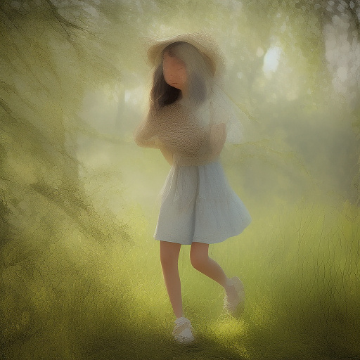 A girl is skipping across a sunny lawn. she has a basket in her hands and a hat on her head. in custom style