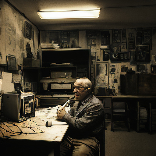 In a dark room, there is a telephone and a gun on the table. a man is sitting on a chair, and he is dead. in custom style