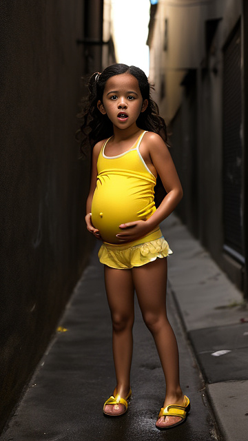 Pregnant, 7 years old, jenna ortega, yellow panties, topless, alleyway, screaming in pain,  in custom style