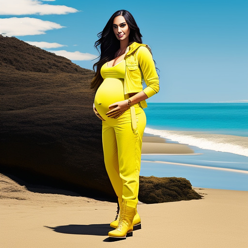 Pregnant, megan fox, yellow jumpsuit, yellow boots, beach in custom style