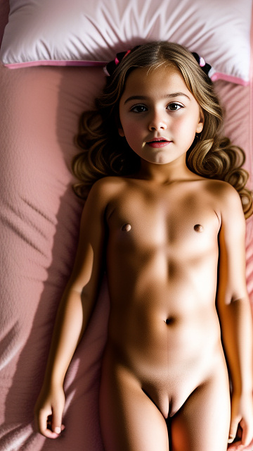 A 7-year-old girl lies naked on a bed and masturbates. in custom style