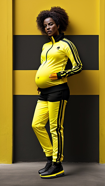Realistic, detailed, pregnant, black skinned, yellow tracksuit, yellow boots, screaming in pain, standing  in custom style