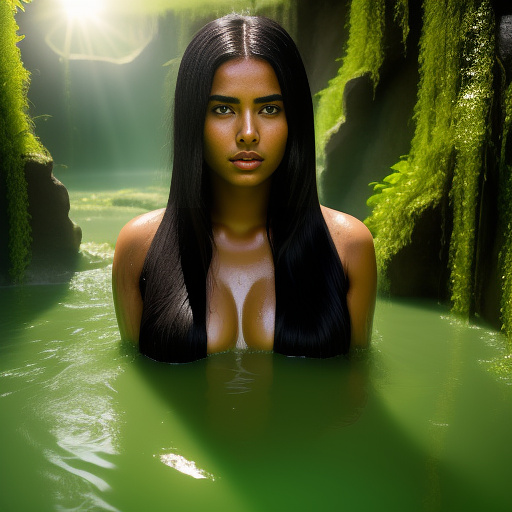 A beautiful young woman with white skin and long straight black hair wearing a bikini stuck in a large vat of disgusting green mud. she is disgusted and shocked. in egypt style