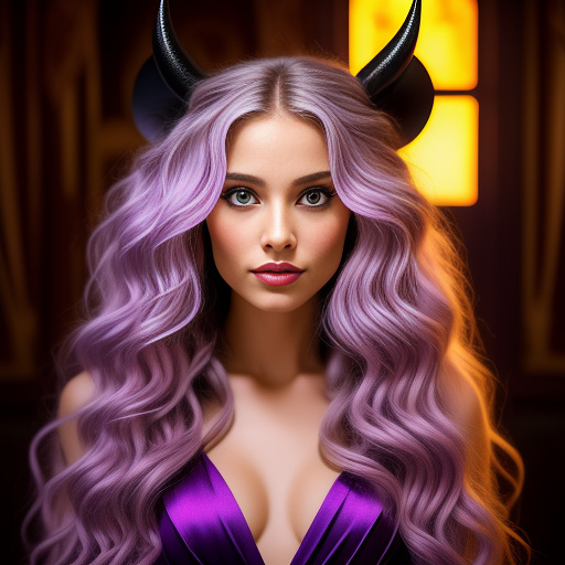 Female, long curly blonde hair, hazbin hotel, queen, purple dress, purple eyes, evil, demon, golden hour, cannibal in disney painted style