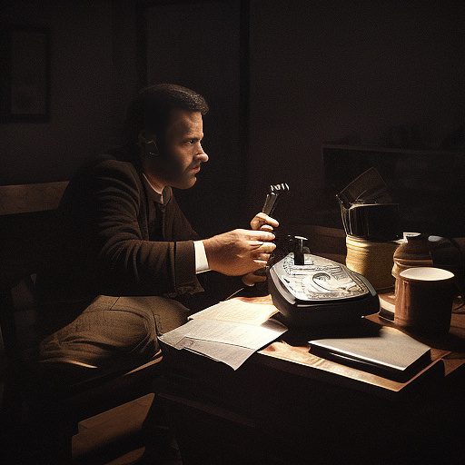 In a dark room, there is a telephone and a gun on the table. a man is sitting on a chair, and he is dead. in custom style