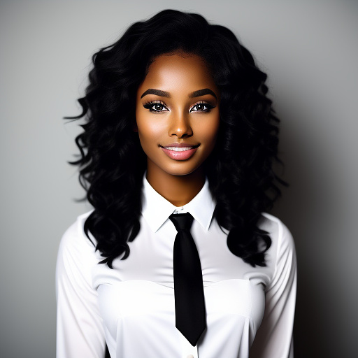 A pretty ebony woman. she wear a black tie. the tie is predominantly black with bright yellow smiley faces scattered across in tie fabric. the woman is wearing a white shirt. her face beautifully. the woman appears to be in her early twenties in custom style