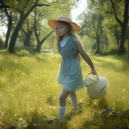 A girl is skipping across a sunny lawn. she has a basket in her hands and a hat on her head. in custom style