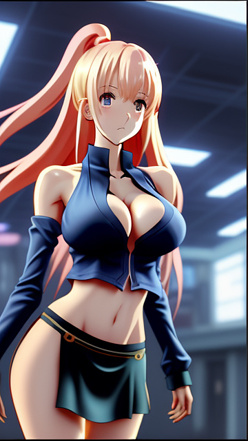 Hot e-girl, front facing, very large chest, very big breasts, tight shirt with a boob window, mini skirt, facing forward, thin face, skinny, ripped clothes, cleavage, sexy expression, looking forward in anime style
