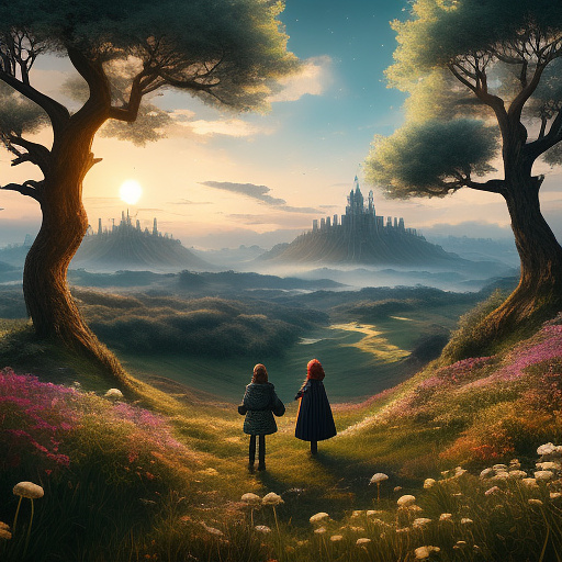 A picture of two sisters and a brother, aged 18, 14, and 7, standing on top of a hill with their backs to the picture, looking at a magical flower at the bottom of the hill. there is a full moon in the sky, its light shining on the flower, and in the corner of the picture there is a leafless tree. in angelcore style