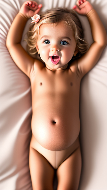 Realistic, detailed, 3-year-old twin blonde girls, pregnant, tan wedding outfit, showing belly, laying in bed, top down full body view, red blush, tan skin, mouth open,  in custom style