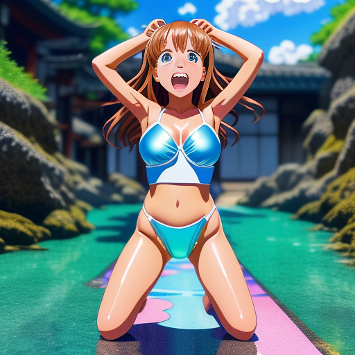 9 year old girl
tiny swimsuit
huge big boobs
kneeling
shiny swimsuit

yelling 
crying in anime style