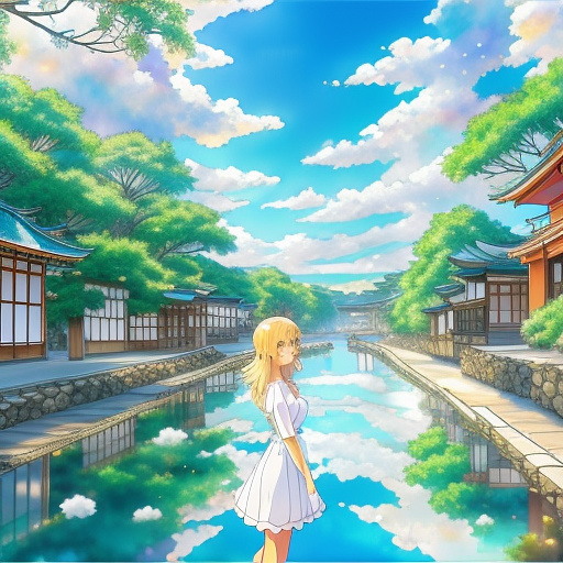 Hello, draw a picture of a very beautiful white woman with big white breasts, wearing a transparent dress, playing in the river.
 in anime style