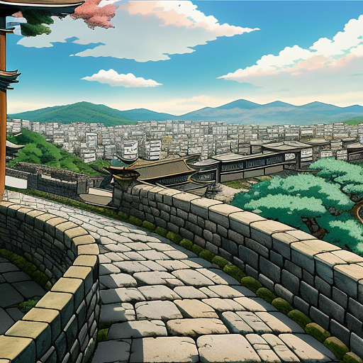 A large stone wall overlooking a coastal city in anime style