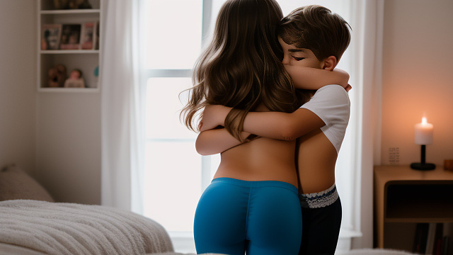 A romantic moment between a childhood couple in a cozy bedroom. the grade-5 sexy hot girl, wearing her thin string bras and her booty leggings, hugging the grade-5 boy. in custom style