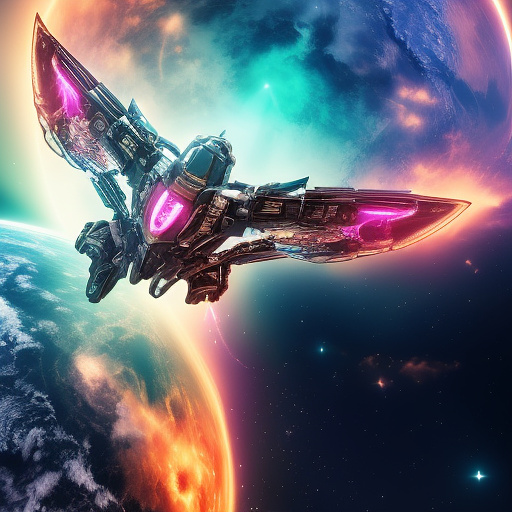 A cheerful transformer flies through space against the backdrop of planets. in angelcore style