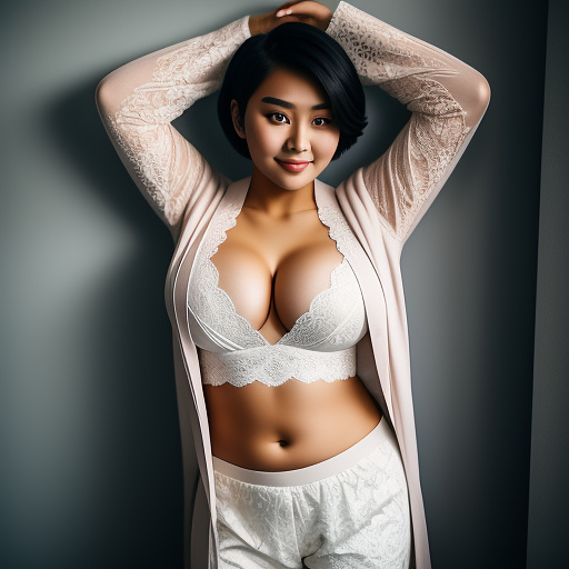 Asian college student with big boobs and her arms up and with short hair and in a long sleeve lace robe and long lace pants and showing her belly and cleavage and in the bedroom and whole body portrait  in custom style