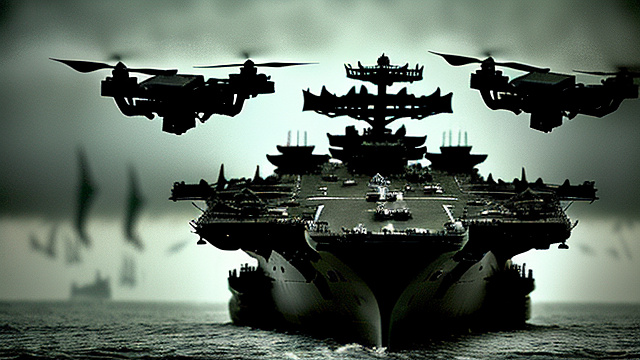 A drone swarm crashing into an aircraft carrier and blowing it up. in gothic style