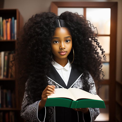 Teenage black girl with long curly hair holding a magic glowing book and she’s wearing students uniform from the 1800 in anime style