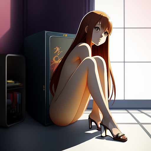 Naked 12yo preteen girl is sitting on the corner of a bed, spread legs, explicit pose, looking straight at viewer, professional photo shooting, black high heels sandals, smil
 in anime style